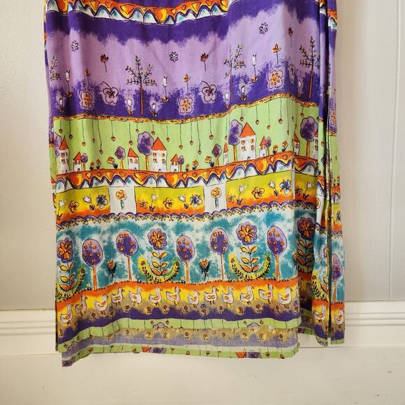 Vintage 90s Farm Cottage Cactus Flower Chicken Dress Maxi XL Purple Green - Picture 7 of 9